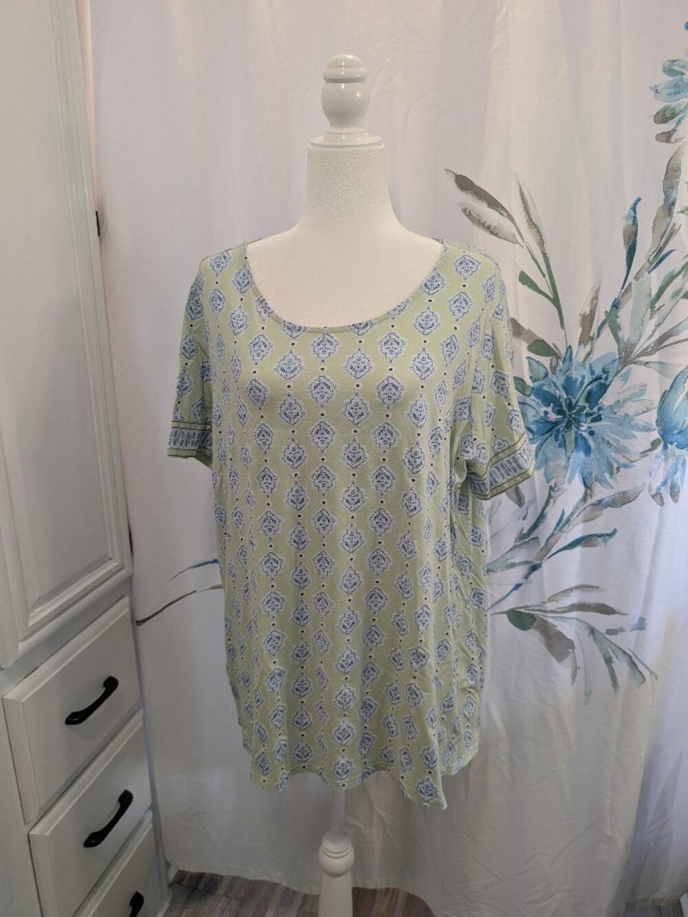 Pure Jill Scoop Neck Elliptical Tee 100% Pima Cotton Size 2X Green Blue White